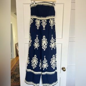 Elegant Navy and Cream Strapless Jumpsuit